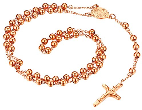 Flongo Rosenkranz Männer Kette Frauen Halskette aus Edelstahl mit Jesus Kreuz Anhänger Kugelkette Silber Schwarz Rose Gold
