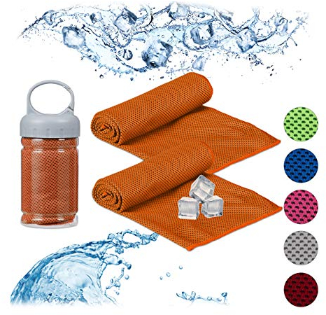 Relaxdays 2 x Kühlendes Handtuch, Mikrofaser, Kühltücher Hals, Sport & Fitness, mit Box, Kühlhandtuch Yoga, 90 x 30 cm, orange