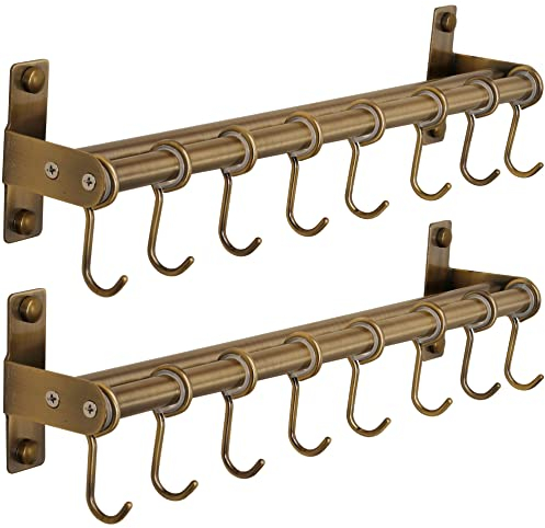 Dseap Pot Rack - Pots and Pans Hanging Rack Rail with 8 Hooks, Double Bars, Pot Hangers for Kitchen, Wall Mounted, Bronze, Pack of 2