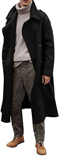 RINTONIX Men's Oversized Notched Long Faux Wool Blend Trench Coat Single Breasted Knee Length Lapel Winter Jacket, Black, L
