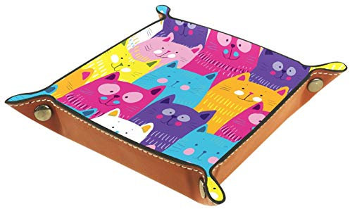 ZORE_FINE5 Faltbare Rollwürfel-Aufbewahrungsbox aus Leder, quadratisch, Schmucktabletts und Uhren, Schlüssel, Münzen, Süßigkeiten, 14,5 cm, buntes Katzengesicht-Muster