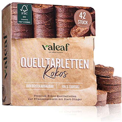 valeaf Kokos-Quelltabletten, 50 Stück - Torffreie Kokoserde mit Startdünger, ideale Anzuchterde für Stecklinge für einfache Durchwurzelung