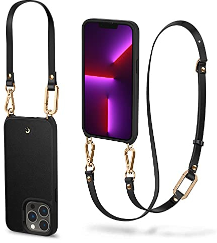 CYRILL Classic Charm [Crossbody Case] Compatible with iPhone 13 Pro 2021, PU Leather with Shockproof TPU Bumper Case with Adjustable Cord for iPhone 13 Pro 6.1 (2021) - Black