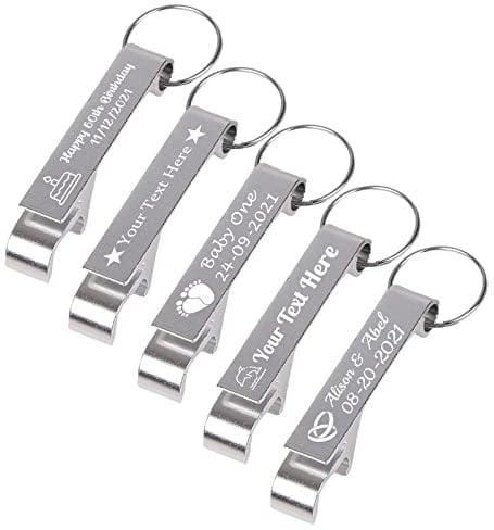 BYWEXCLESD Personalised Bottle Opener Keyring Custom Bottle Opener Keychain Bulk for Men Boyfriend Wedding Favors Party Free Engraving Logo Name Text 5Pcs, Silver
