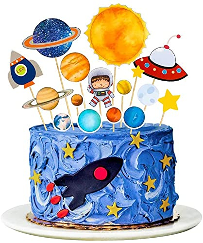 Tortendeko Platz Astronaut Rakete Geburtstagsdeko Sonne Planet Party Universum Topper für Kinder Junge Mädchen Weltraum Toppers Kuchendecoration 16 Stück