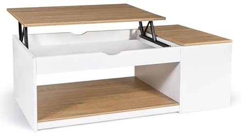 IDMarket - Couchtisch, aufklappbar, rechteckig, mit Truhe, Holz, Weiß und Buchenoptik