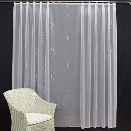 EASYHomefashion Hochwertige Gardine Fertiggardine Voile Store Schal mit Stickerei Faltenband und Bleiband weiß Milano 160 x 300 cm (HöhexBreite)