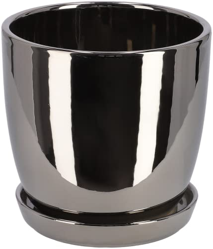 KOTARBAU® Pot de fleurs, en céramique, diamètre : 15 cm, avec bac d'égouttement, pour l'intérieur et l'extérieur, gris