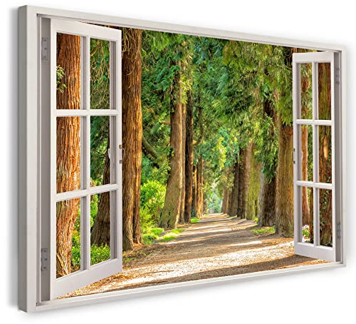 Printistico Bilder Fensterblick 120x80cm Baumwoll-Leinwand auf Keilrahmen mit Aufhänger moderner Kunstdruck XXL Wandbilder Wand-Dekoration Wald Pfad Bäume Sonne Pflanzen - Natur-Fotografie