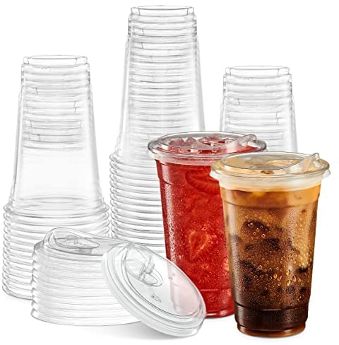 ELEGANT DISPOSABLES Transparente Becher mit Trinkhalm-Deckel, 590 ml, PET, kristallklar, Einweg-Kaffeetassen aus Kunststoff mit Deckel, 50 Stück