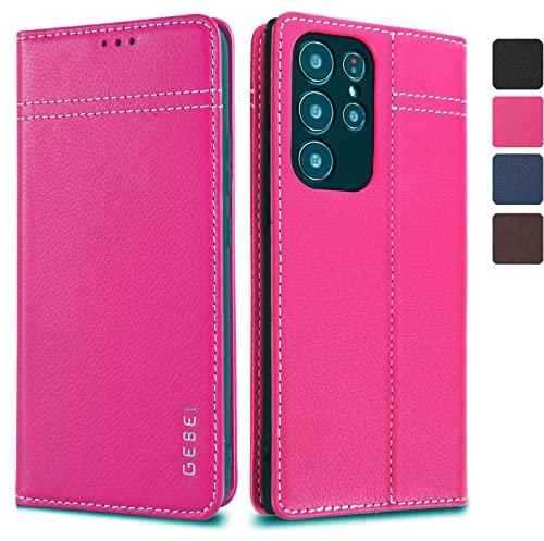 Gebei Coque Galaxy S22 Ultra, Etui en Cuir Véritable à Rabat Housse avec Fentes de Cartes Support Intégré pour Samsung Galaxy S22 Ultra (6,8 Pouces) - Rose Rouge