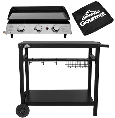 Dellonda 3 Burner Portable Gas Plancha 7.5kW BBQ Griddle, Stainless Steel, Supplied with Water Resistant Cover & Trolley - DG250