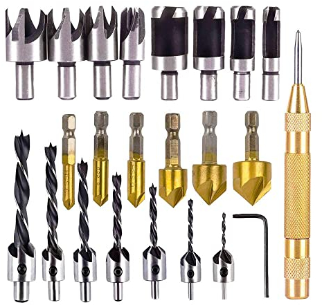 23-teilige Senker-Holzbohrer, 7-teiliger Dreispitz-Schnellarbeitsstahlbohrer, 8-teiliger Holzsteckerschneider, 6-teiliges Senker-Set für Holz-Heimwerker