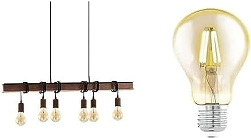 EGLO Pendellampe Townshend, Vintage Pendelleuchte im Industrial Design inkl. 6 LED Leuchtmittel, Retro Hängelampe aus Stahl, Farbe: Antik braun
