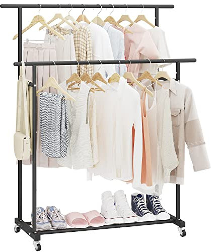 Calmootey Portant à vêtements à double tringle, porte-vêtements à roulettes, organiseur de vêtements portable pour chambre à coucher, salon, magasin de vêtements, noir