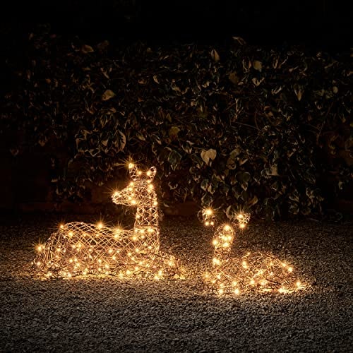 Lights4fun 2er Set Studley LED Rattan Rentier Familie REH und Kitz Weihnachts Figur Timer Weihnachtsbeleuchtung Außen Innen
