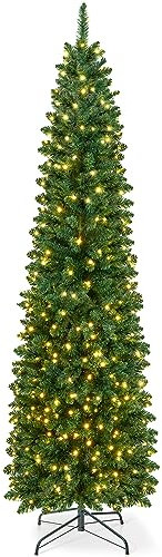 VeryMerry 6FT Pre Lit Christmas Tree Aspen Slim Pencil Tree with 300 Built-In Warm White LED Lights with Auto-Off Timer, 8 Lighting Modes and Foldable Metal Stand