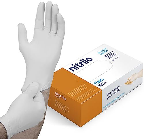 ABD Guantes Nitrilo Desechables sin polvo, sin látex, 100 unidades/caja, guantes desechables, disponibles en talla S, M, L y XL(LATEX FREE) (Talla L, Blanco)