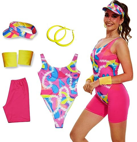 AYYOHON 80er-Jahre-Trainingskostüm-Outfit, Gymnastikanzug, Leggings, Armbänder, Sonnenblende, Ohrringe, Set, Damen, Halloween, Cosplay, XL