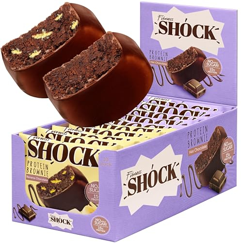 FitnesSHOCK Protein Brownie Snack Mixbox ohne Zucker, Kekse mit 15% Eiweiß, Dunkle Schokolade, sättigende Ballaststoffe, low carb, weiche Konsistenz, 10 Stück х 50g - Schoko und Banane