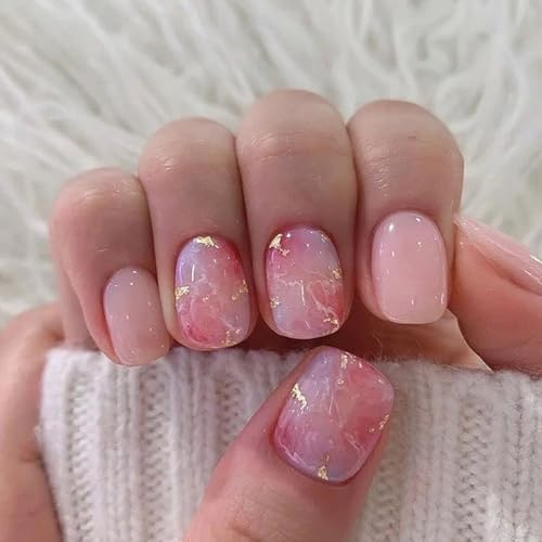 Ceboic 24Pcs Short Square French Press on Nails Pink Marble False Nails with Gold Glitter Designs, Acrylic Artificial Reusable Fake Nails for Women and Girls