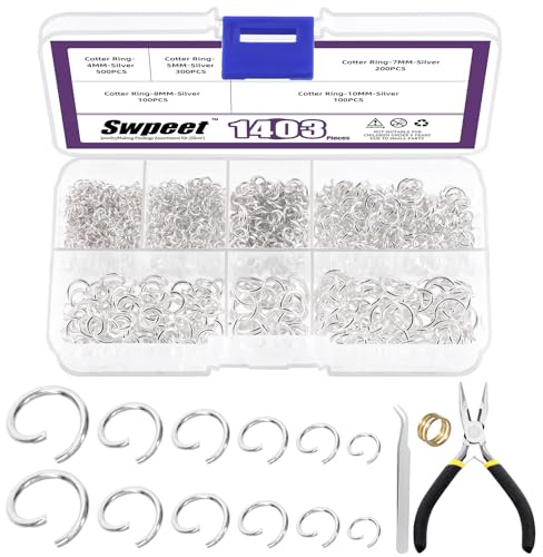 Swpeet 1403Pcs Mixed Size 4-10mm Silver Open Jump Rings Kit with Tweezer, Jump Ring Pliers and Jump Ring Opener, Round Ring Connectors for Jewelry Making Supplies and Necklace Repair