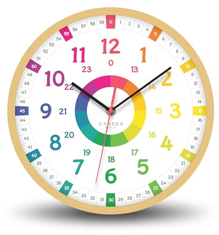 Cander Berlin MNU 2425 K Kinderwanduhr lautlos 25 cm Holzoptik analog Lernuhr Jungen Mädchen Kinderzimmer ohne Tickgeräusche