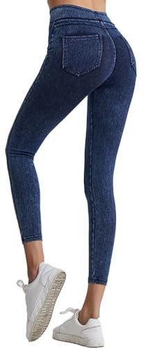Onsoyours Jeggings da Donna Jeans Leggins a Vita Alta Stretchy Treggings Yoga Pantaloni Casual Slim Pantaloni Jeggings Elasticizzati Attillati in Denim A Blu Scuro L