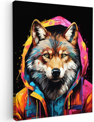 MuchoWow© Impression sur Toile Peinture 30x40 cm Tableau Mural Decoration Salon Reproductions de Tableaux Graffiti - loup - manteau - noir - Banksy
