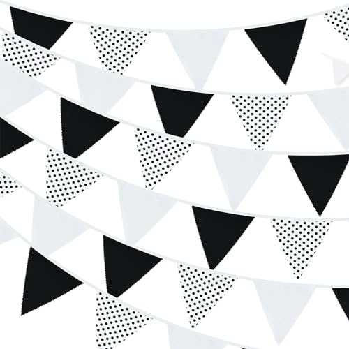 G2PLUS Black and White Dots Fabric Banner, 12M Dots Fabric Bunting, Large Cotton Triangle Garland with 42PCS Dots Blank Pennants for Wedding Birthday,Kid's Bedroom, Playhouse, Garden,Decoration