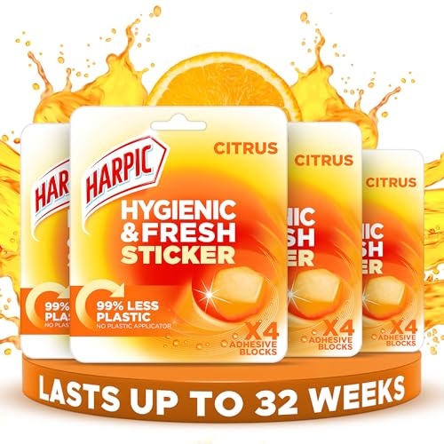 Harpic Hygienic Fresh Sticker Adhesive Toilet Block, Citrus, Pack 4 x 4 Stickers, Toilet Freshener, No Plastic Applicator, Up to 32 weeks of Freshness