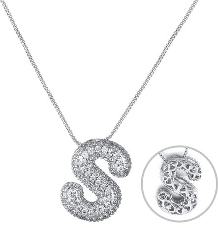 RWQIAN Bubble Buchstaben Kette Silber S Damen Balloon Initialen Haskette Bling Zirkonia Buchstaben Kette Anhänger Blase Letter Schmuck Geschenke für Frauen