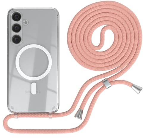 EAZY CASE - Handykette kompatibel mit Samsung Galaxy S24 Plus Kette zum Umhängen Stoßfest Handyhülle für Galaxy S24 Plus Silikon Hülle mit Band Handytasche Transparent in Alt Rosa - Clips Silber