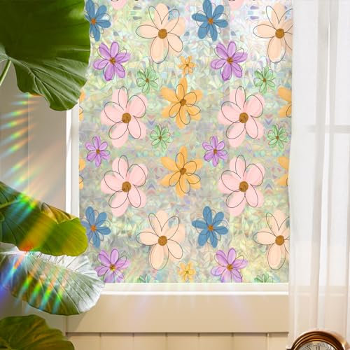 Runtoo Rainbow Daisy Flower Privacy Film - 3D Decorative Vinyl Stained Glass Floral Window Clings, Static Cling Decals, Non-Adhesive Sticker, 15.75 x 40 Inches