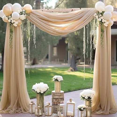 Querbehang Freihanddeko,2 Stück 75 * 300cm Chiffon Tüll Foto Hintergrund Vorhang Hochzeitsbogen Drapierung Stoff Freihanddeko Dekoration für Hochzeit Fotografie Party Geburtstag Taufe -Gold
