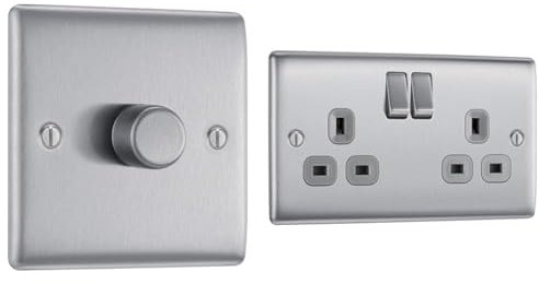 BG Electrical Single Dimmer Intelligent Light Switch, Brushed Steel & BG Electrical NBS22G Double Switched Power Socket, Brushed Steel