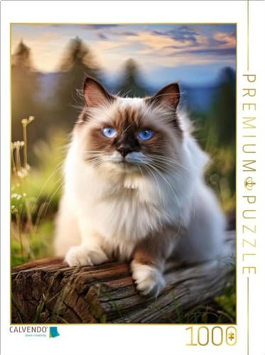 CALVENDO Puzzle Ragdoll liegt auf einem Baumstamm in der Wiese | 1000 Teile Lege-Größe 64 x 48 cm Foto-Puzzle für glückliche Stunden