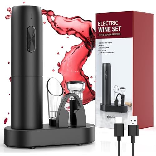 Tire bouchon electrique rechargeable avec socle de recharge, ouvre bouteille electrique 6 en 1 cadeau homme femme avec bec verseur aérateur, bouchon vin vide air, coupe-fil et câble de chargement USB