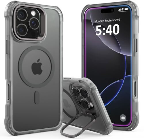 Phonic Pro Shield iPhone 16 Pro Max Case [Invisible Kickstand] 12ft Military-Grade Drop Protection Crystal Clear Back, Compatible with MagSafe, Slim Shockproof Case For iPhone 16 Pro Max (Gunmetal)