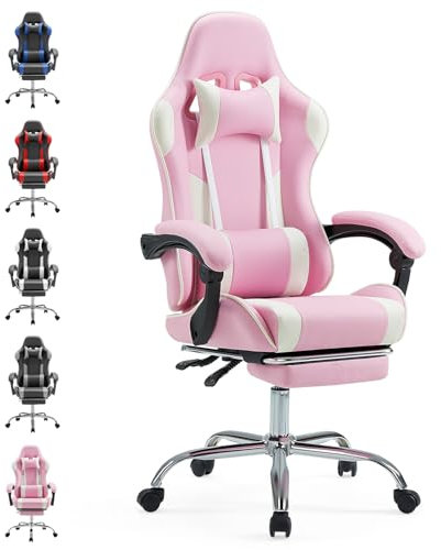 Sweetcrispy Silla de Escritorio para Videojuegos - Silla ergonómica para Ordenador con reposapiés y cómodo Soporte Lumbar, Silla reclinable de Piel sintética con reposacabezas, Color Rosa