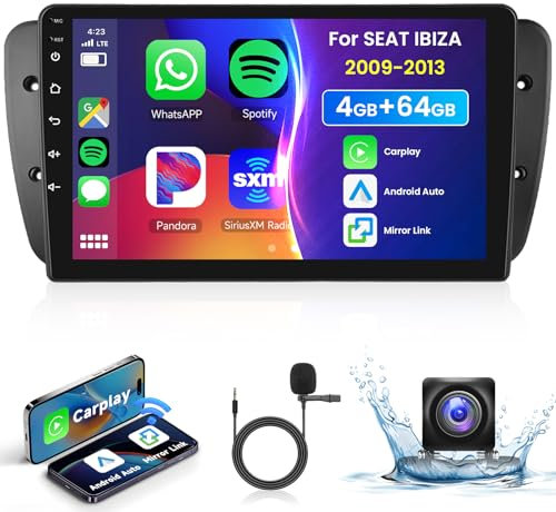 4G 64G Podofo 9 Autoradio Bluetooth Für SEAT Ibiza 2009-2013 Carplay Android Auto Wireless,WiFi GPS Navi HiFi/RDS/FM DSP,1280 * 720,Android 13 Radio 2 din mit AHD Rückfahrkamera
