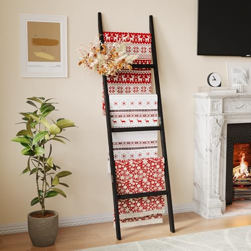 EleganfurHony Bamboo Towel Rack 6-Tier Blanket Ladder for Living Room, Bedroom, Bathroom Space-Saving Decorative Ladder for Quilts, Towels and More Black