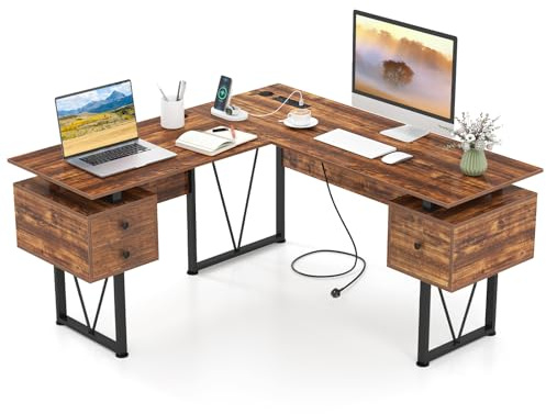 COSTWAY L-Shaped Computer Desk, 150cm Industrial Large Corner Desk Writing Study Table with 3 Storage Drawers and Power Outlets, Home Office PC Laptop Gaming Workstation
