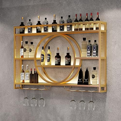 KCGCIHMS An der Wand montiertes Weinregal, Weinschrank mit LED-Beleuchtung, Spirituosenregal aus Metall, schwebende Regale, Weinglas-Aufbewahrungshalter, perfektes Weinkeller-Küchendekor fü