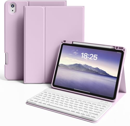 ZKTUYU Custodia con tastiera per iPad Air 11 pollici (2025 M3/2024 M2), iPad Air 5./4a gen(2022/2020) 10.9 pollici, layout tedesco QWERTZ magnetico, tastiera Bluetooth rimovibile con portapenne, viola