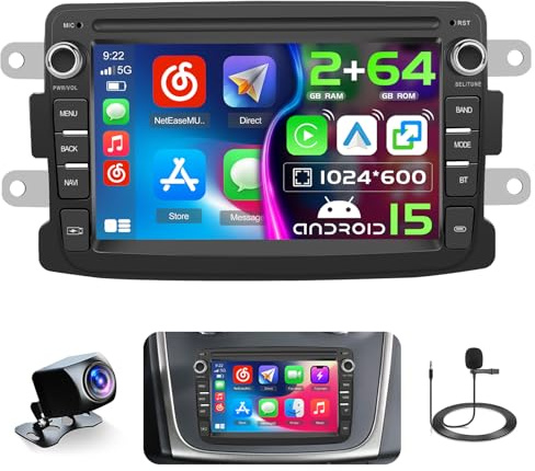 Hikity 2+64G Android 15 Radio Coche para Dacia Logan/Dokker/Duster/Sandero/Lodgy Renault Captur/Símbolo/Plumero Lada Xray 2 con Carplay Android Auto Pantalla Táctil de 9 Navi WiFi BT RDS/FM+CAM+Mic