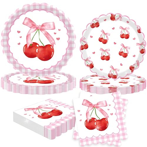 JeVenis Cherry Party Supplies Bows Paper Plates and Napkins Tea Party Decor | Floral Baby Shower Birthday Wedding Bridal Shower Favors