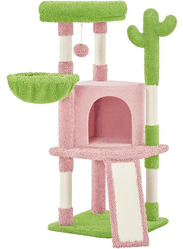 Yaheetech Árbol Rascador para Gatos en Forma de Cactus con Plataforma de Observación Cueva y Troncos de Sisal 42,5×42,5×106,5 cm Rosa y Verde