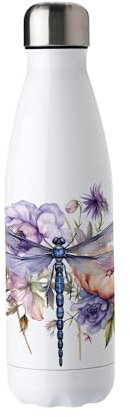Dragonfly Stainless Steel Water Bottle - Pretty Purple Insects Floral Presents - Double Walled 500ml Metal Hot/Cold Drinks Bottle Outdoor Gifts