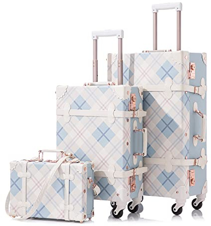 Unitravel Vintage Kofferset 3 Teilig, Retro PU-Leder Reisekoffer mit Kosmetikkoffer für Damen, Blau Kariert, S+M+L